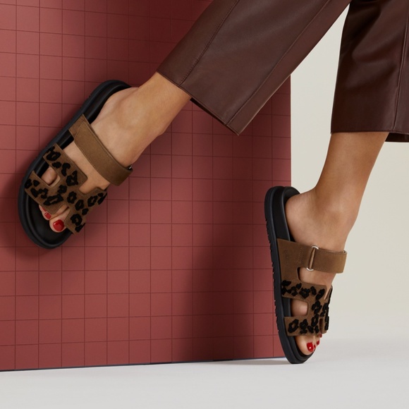 New HERMES CHYPRE WOMEN SANDALS Brown Suede Brun Fumé / Noir Leopard SIZE 37/ 7 - Picture 5 of 7